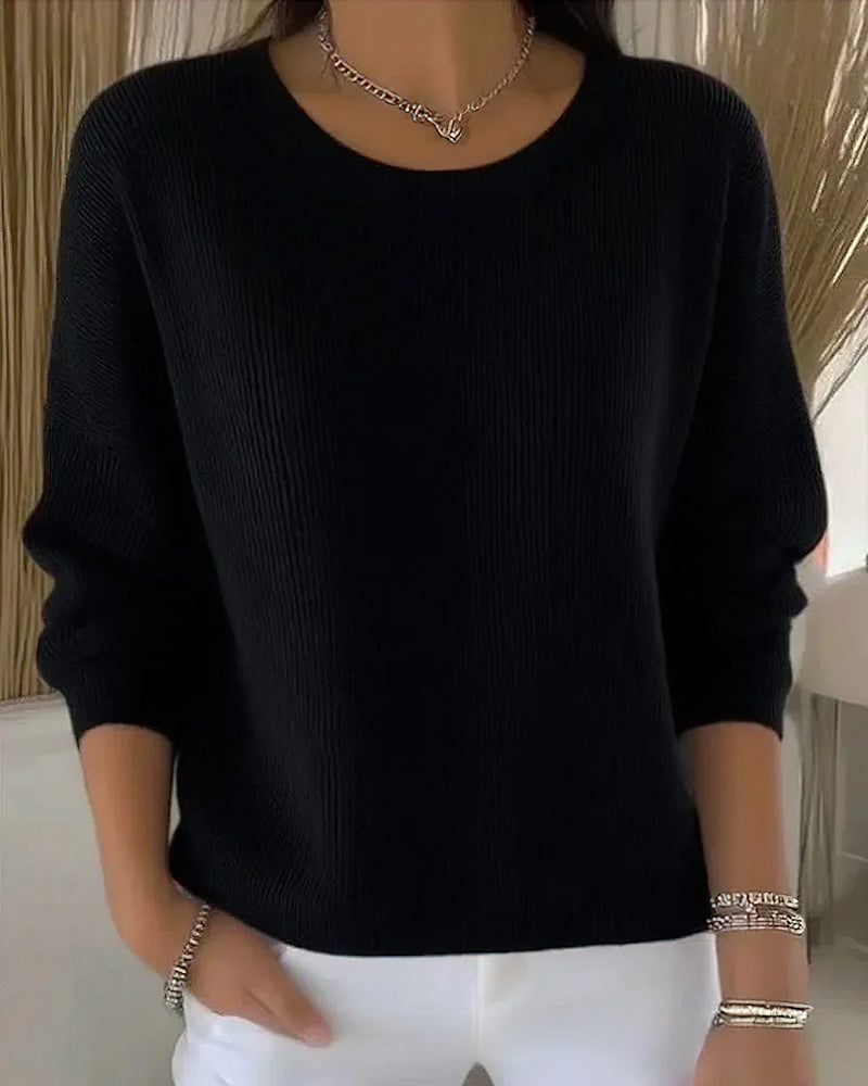 Solid Round Neck Drop Shoulder Sweater