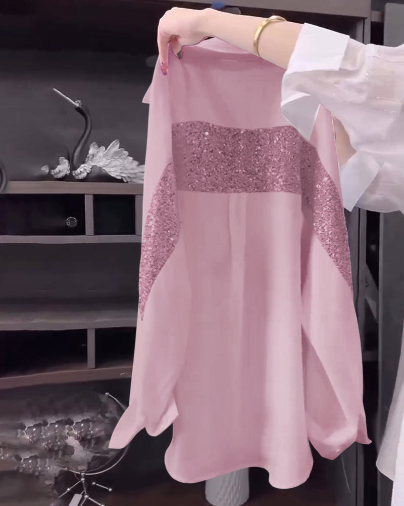 Lapel Sequin Long-Sleeved Shirt