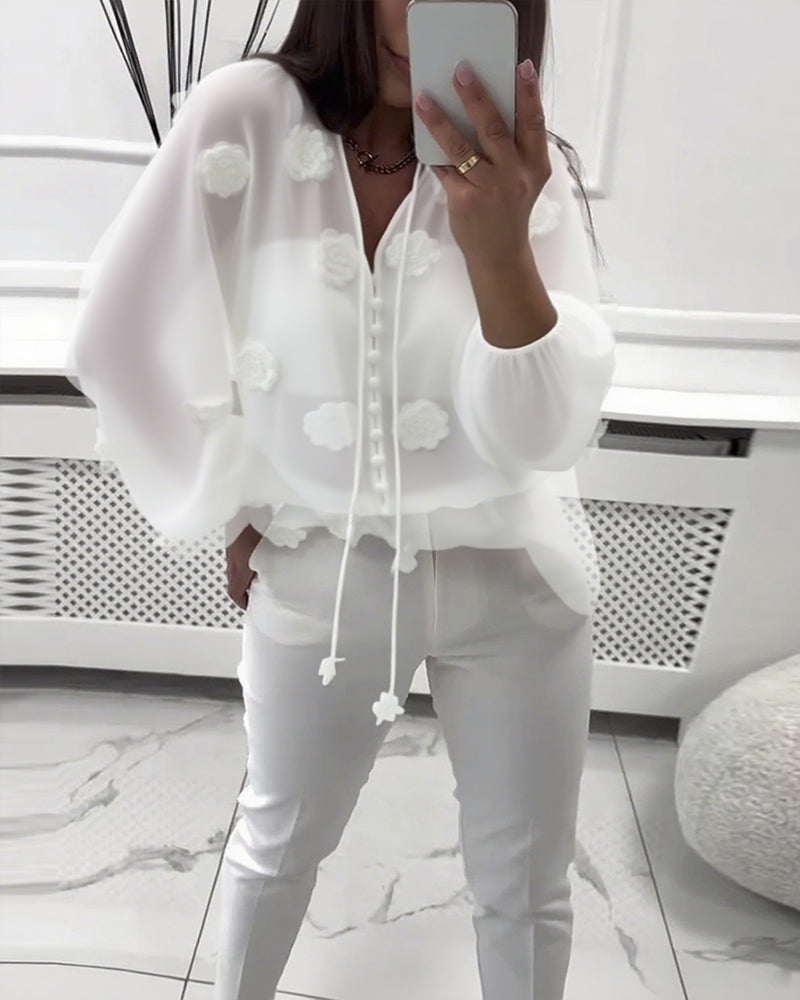 Solid Color 3D Floral Lace-Up Blouse