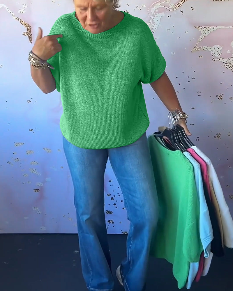 Casual loose solid color round neck pullover