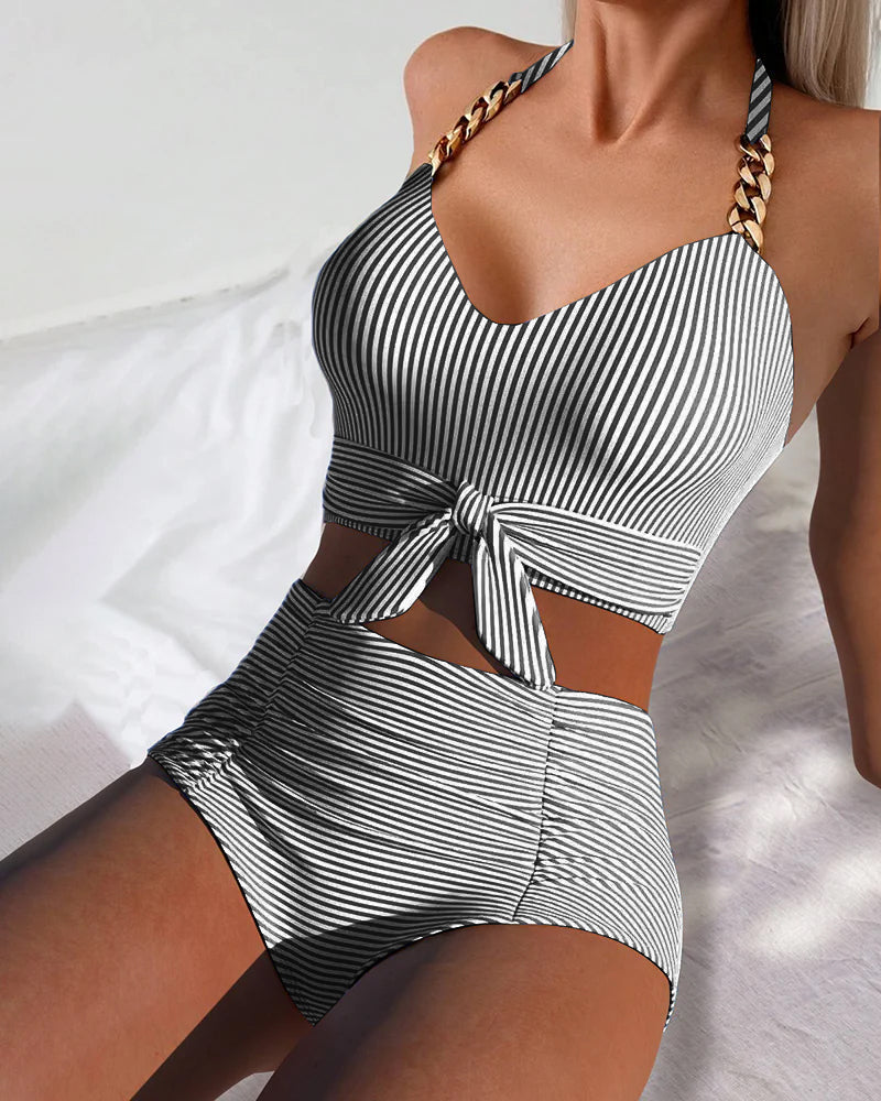 High Waist Striped Two-Piece Triangle Swimsuit