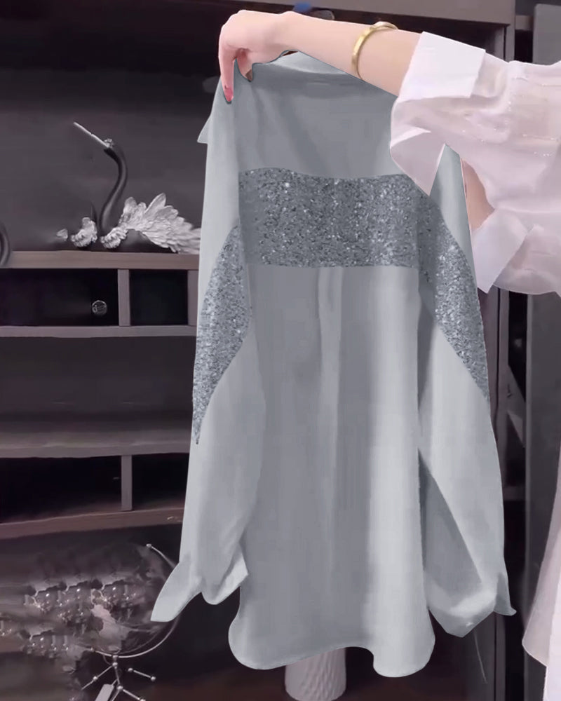Lapel Sequin Long-Sleeved Shirt