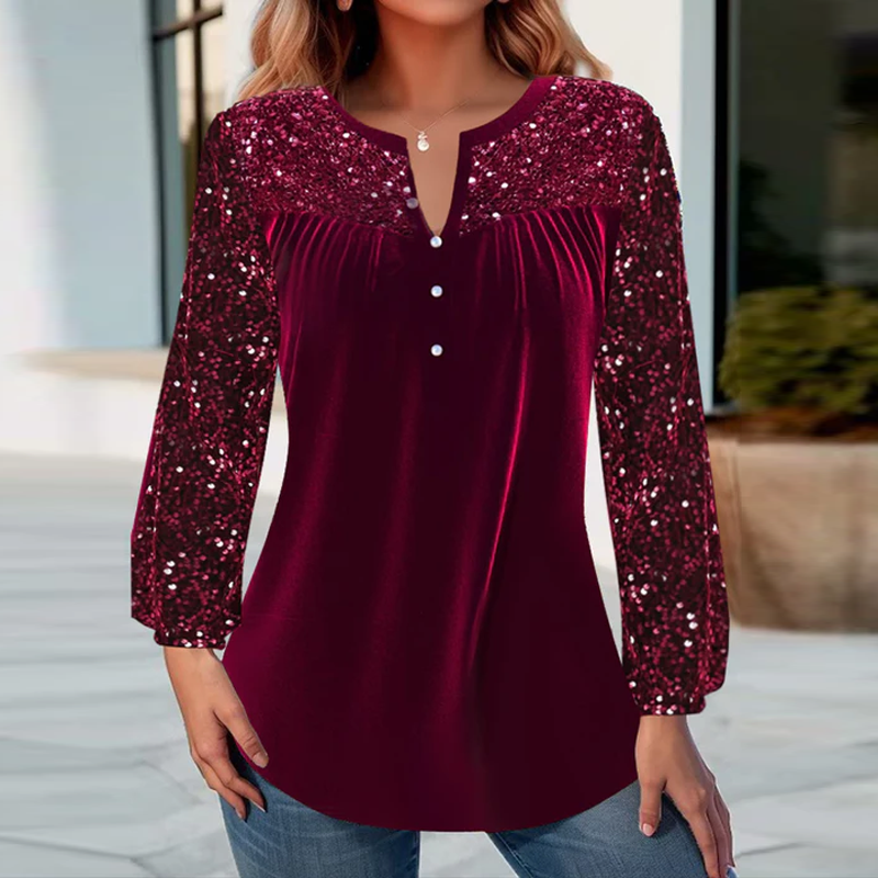 V-neck pleated sequined elegant top