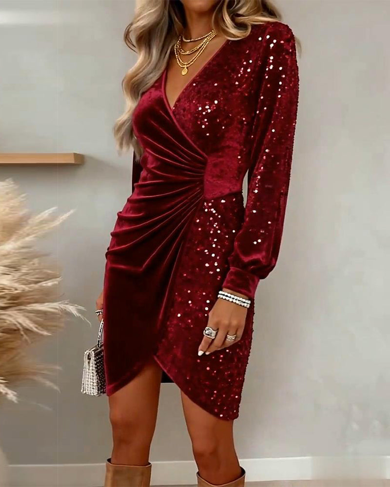 Sexy V-Neck Sequined Velvet Dress