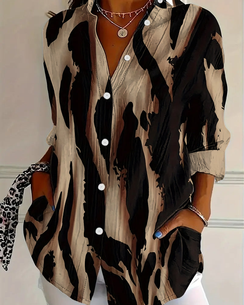 Stand Collar Irregular Printed Blouse