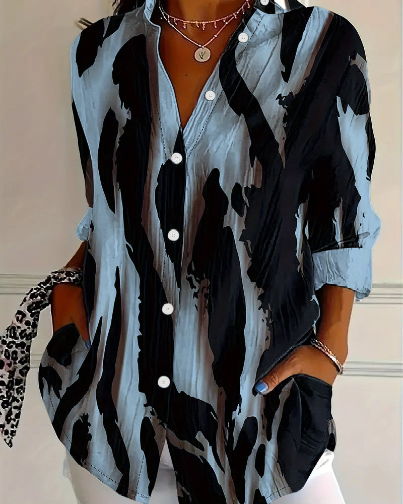 Stand Collar Irregular Printed Blouse