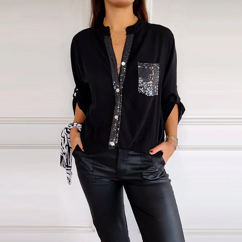 Paneled sequin button casual top