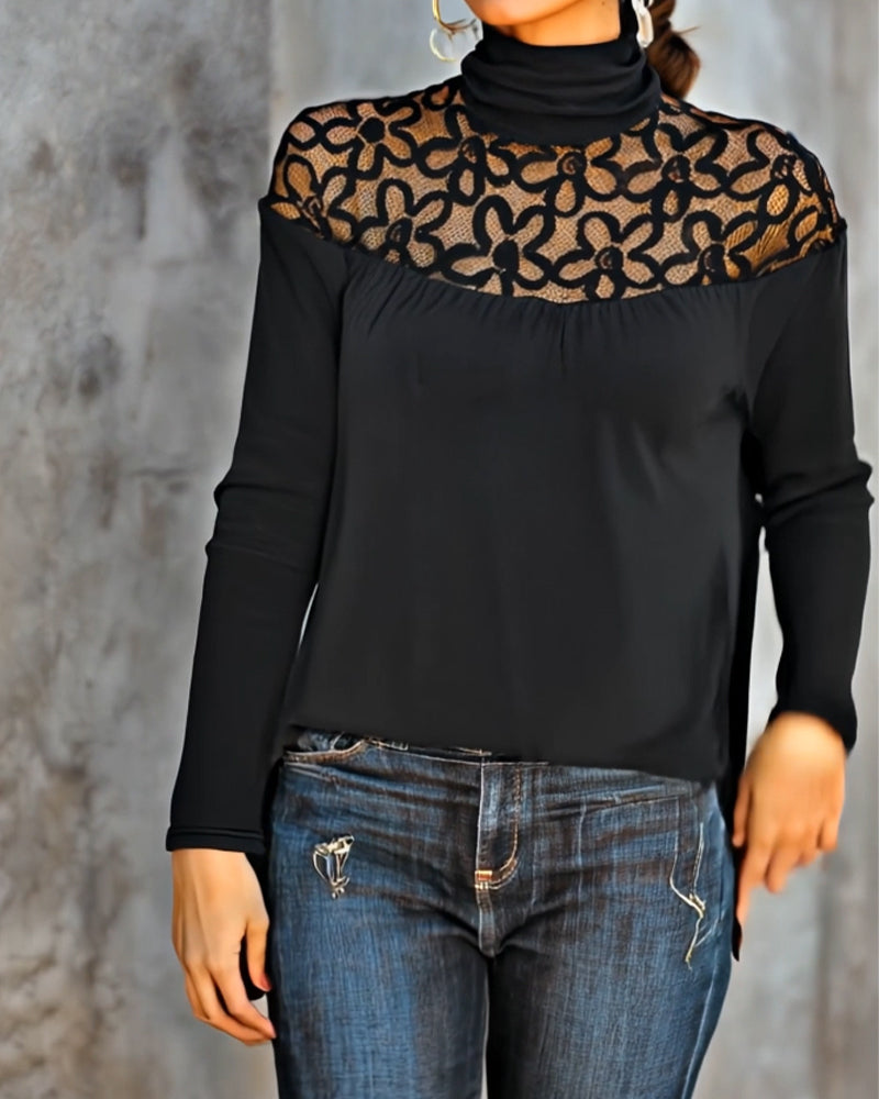 Turtleneck Lace Sheer Knit Top