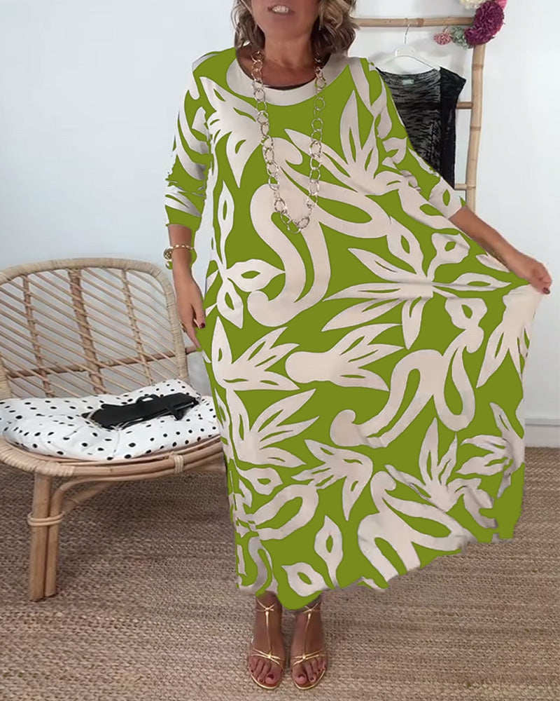Round Neck Long Sleeve Printed Dress