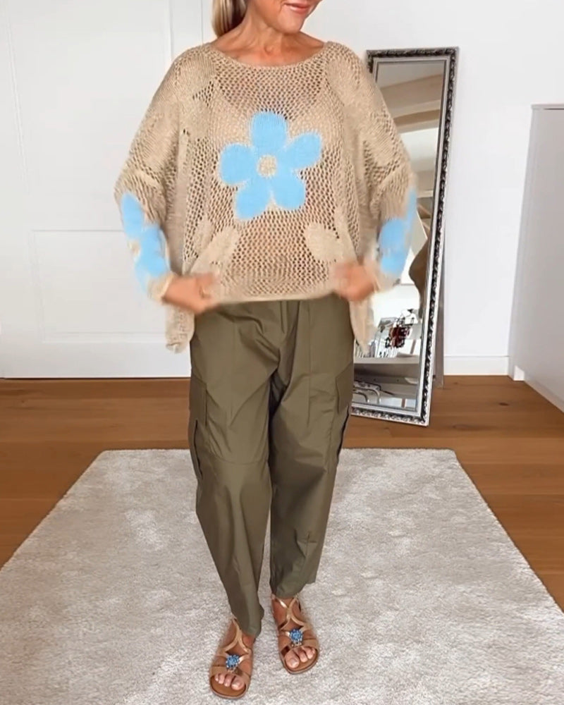 Casual floral round neck long sleeve hollow pullover