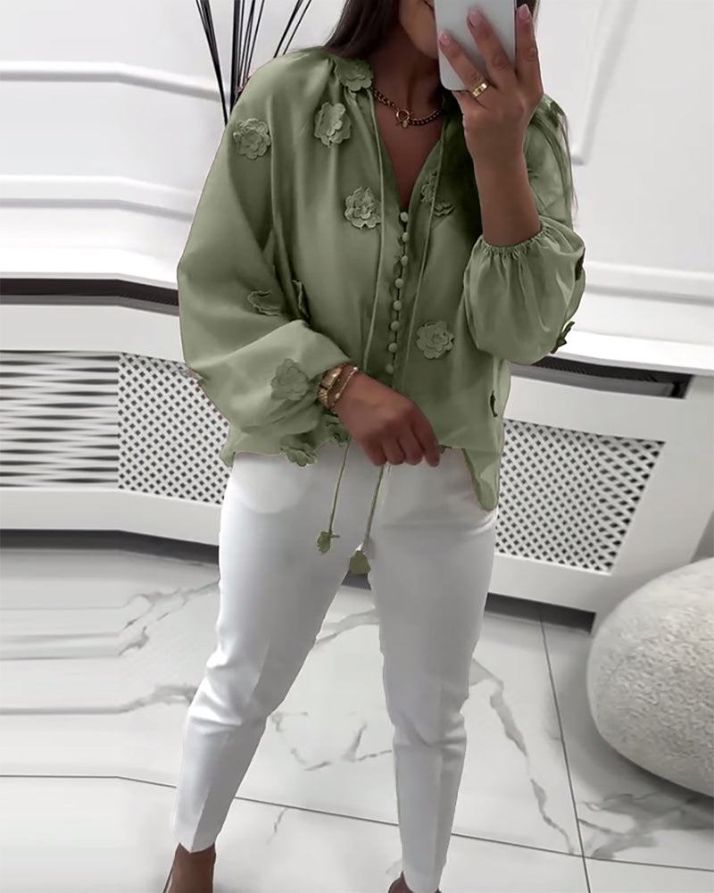Solid Color 3D Floral Lace-Up Blouse
