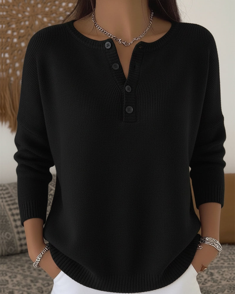 Long-Sleeved Button-Down Solid Color Sweater