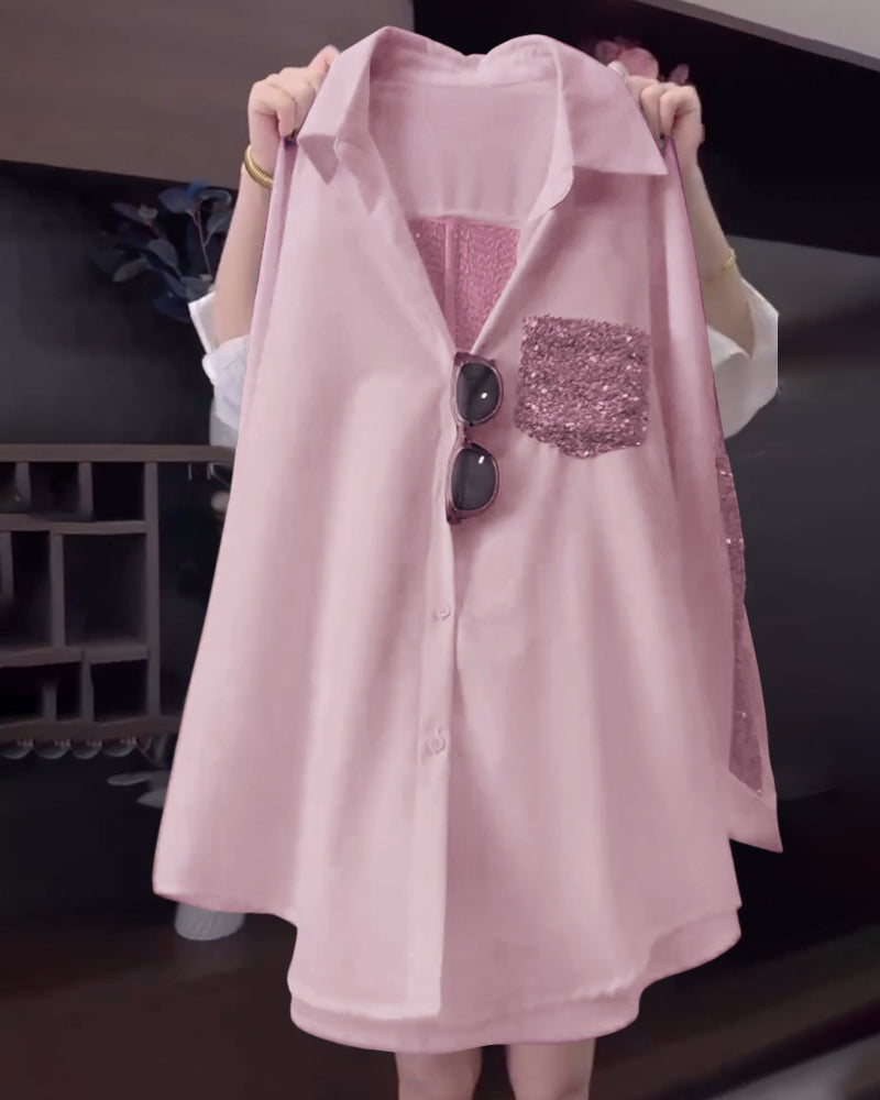Lapel Sequin Long-Sleeved Shirt