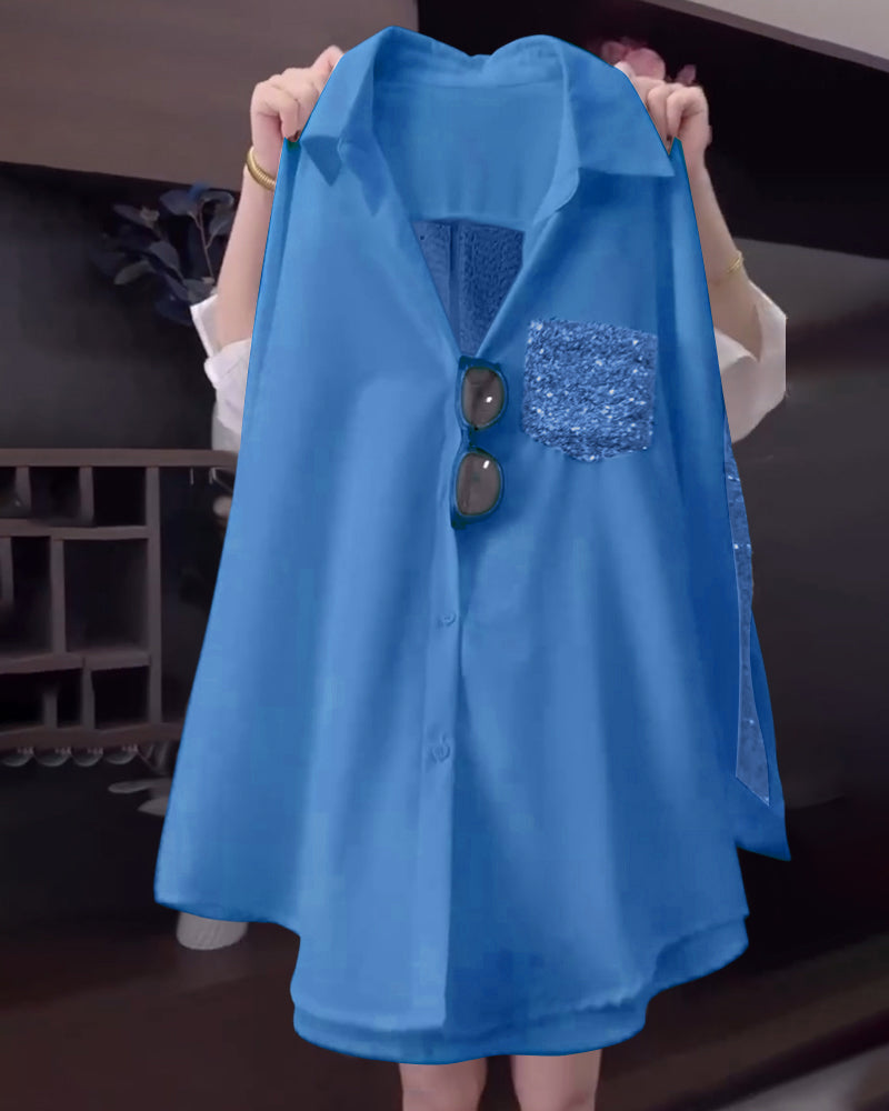 Lapel Sequin Long-Sleeved Shirt