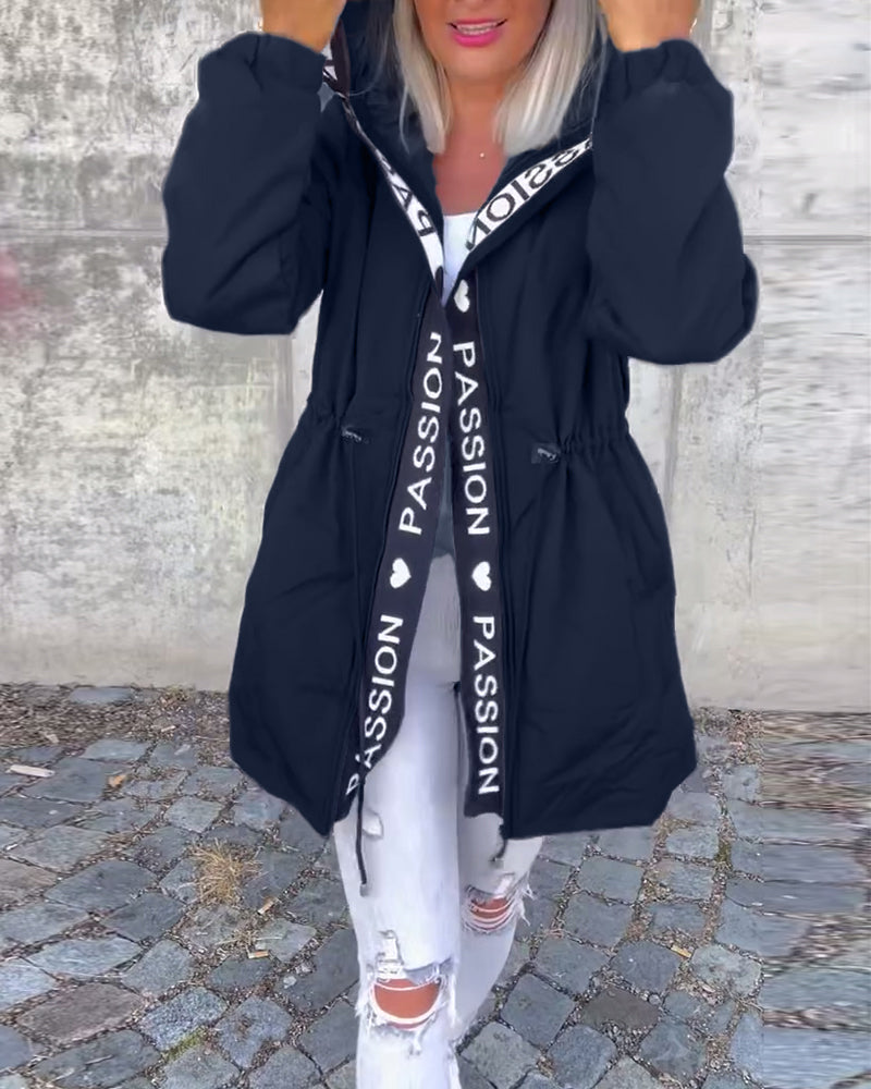 Casual letter print drawstring hooded coat