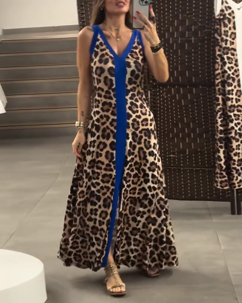 Sleeveless Elegant Leopard Print Contrast Dress