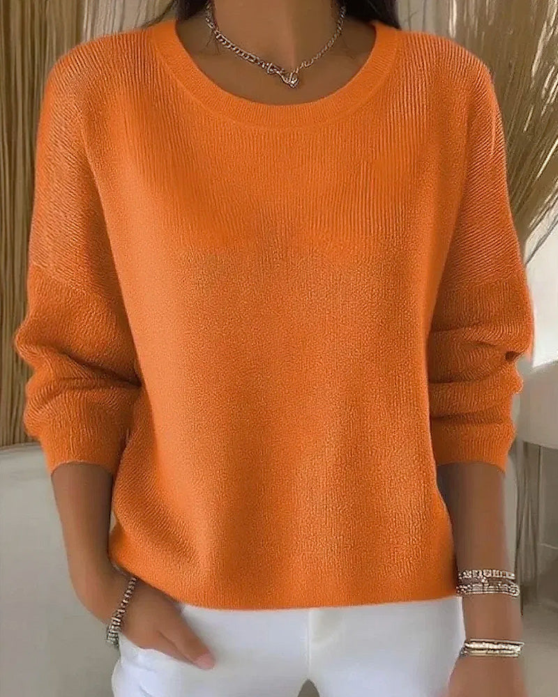 Solid Round Neck Drop Shoulder Sweater