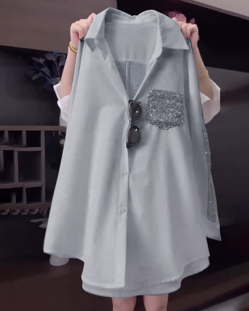 Lapel Sequin Long-Sleeved Shirt