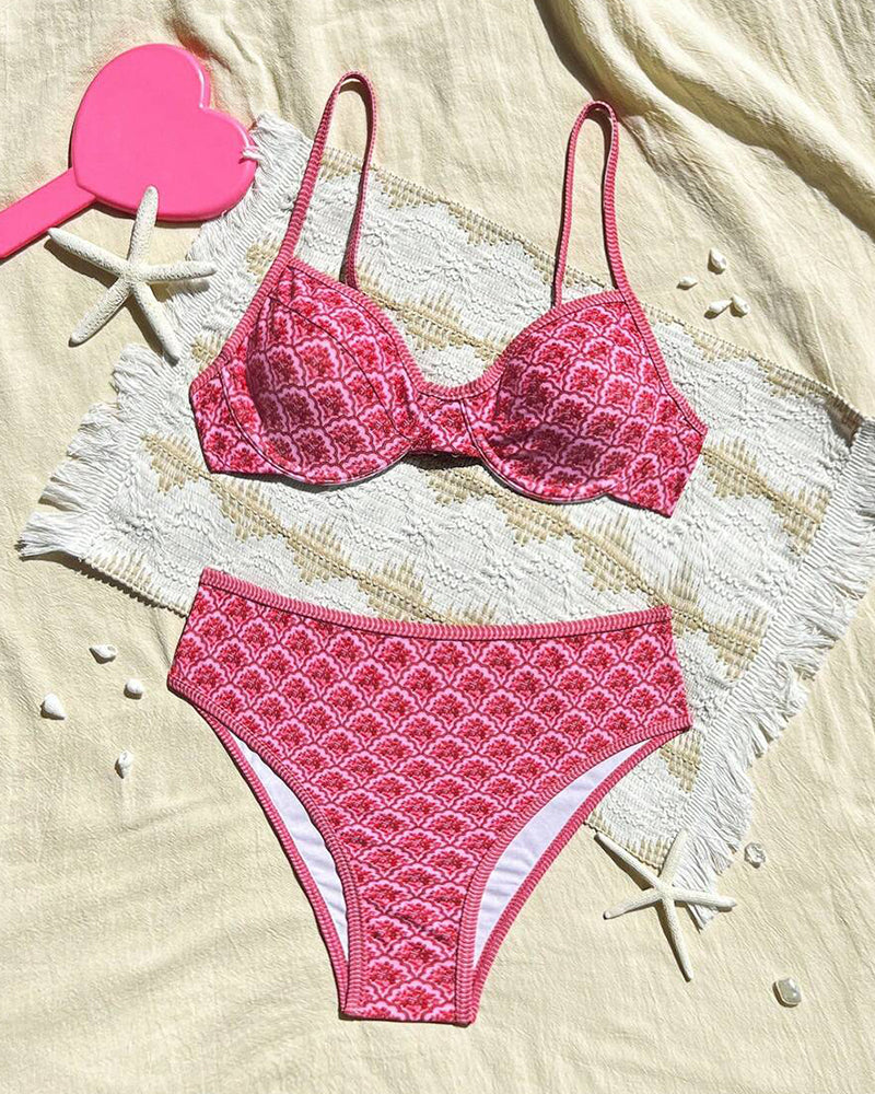 Sexy Suspender Triangle Print Bikini