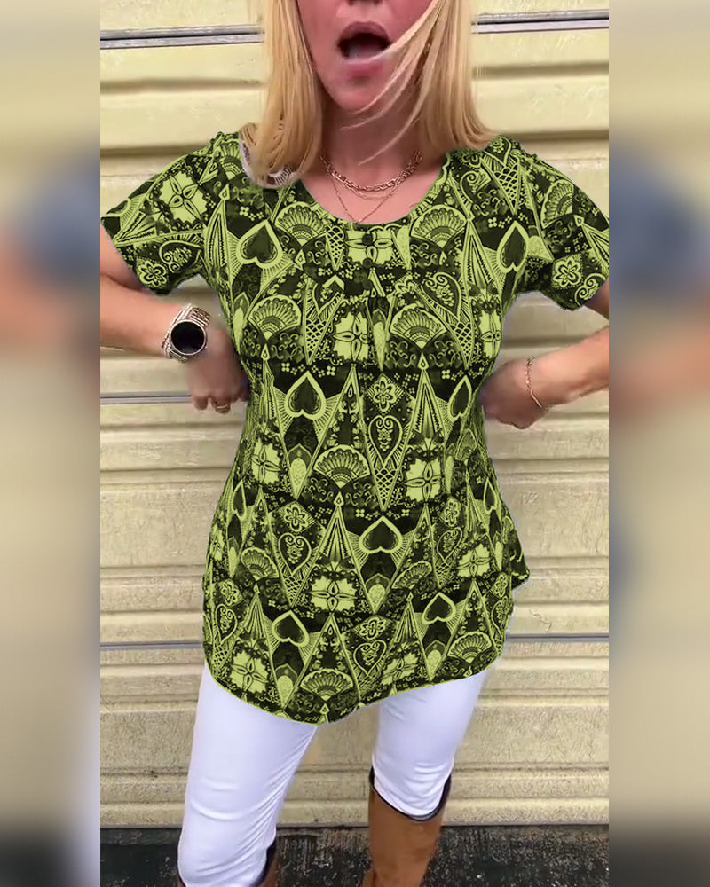 Casual Retro Crew Neck Printed T-Shirt