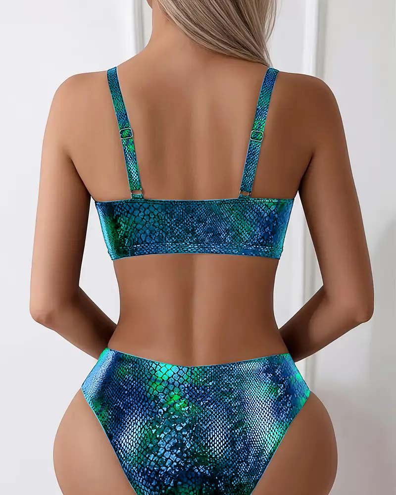 Sexy Snake Print Mid Waist  Lace-Up Bikini