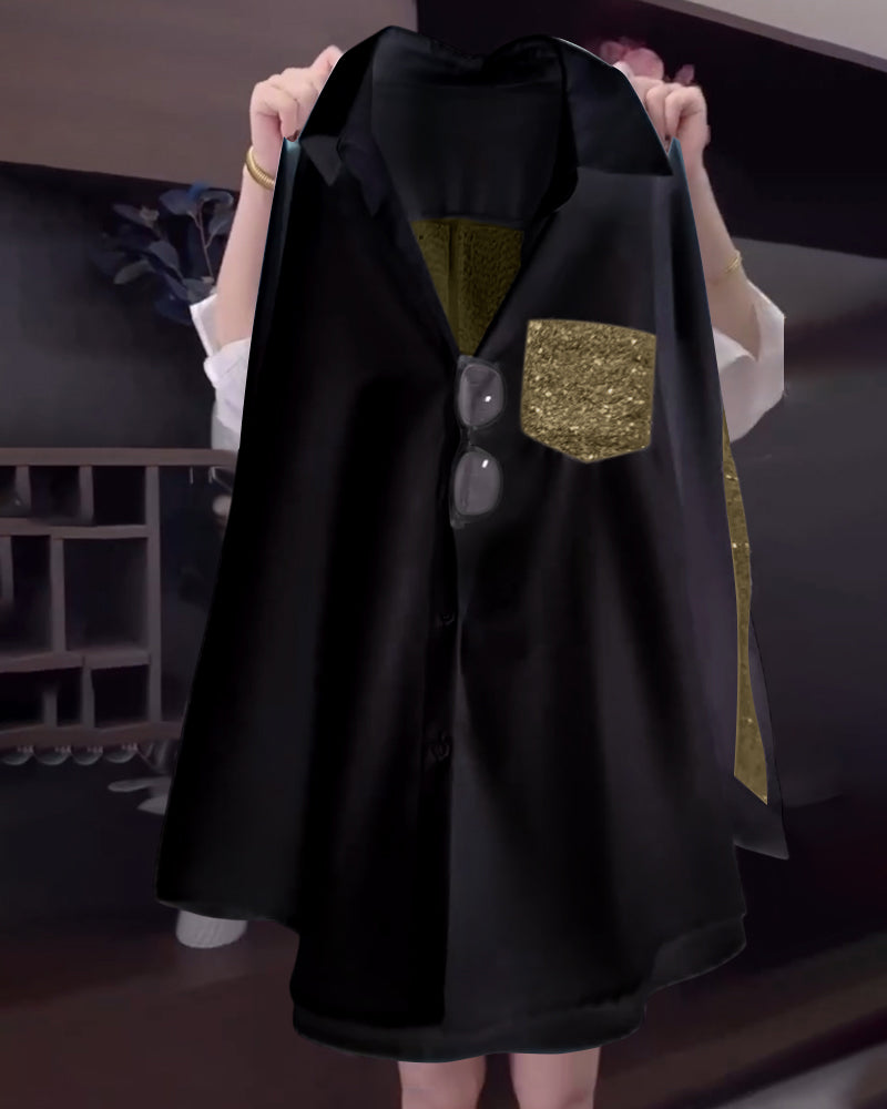 Lapel Sequin Long-Sleeved Shirt