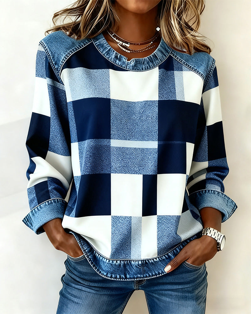 Plaid Patchwork Contrast Color Sweatshirt