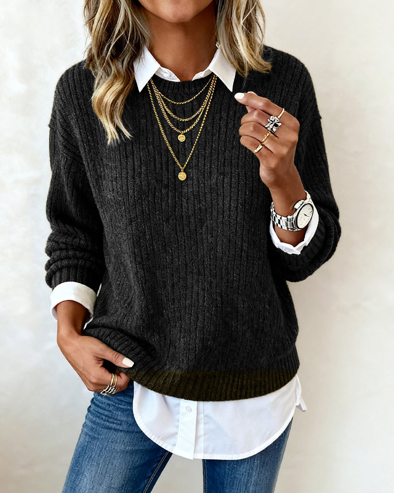Shirt Collar Patchwork Sweater