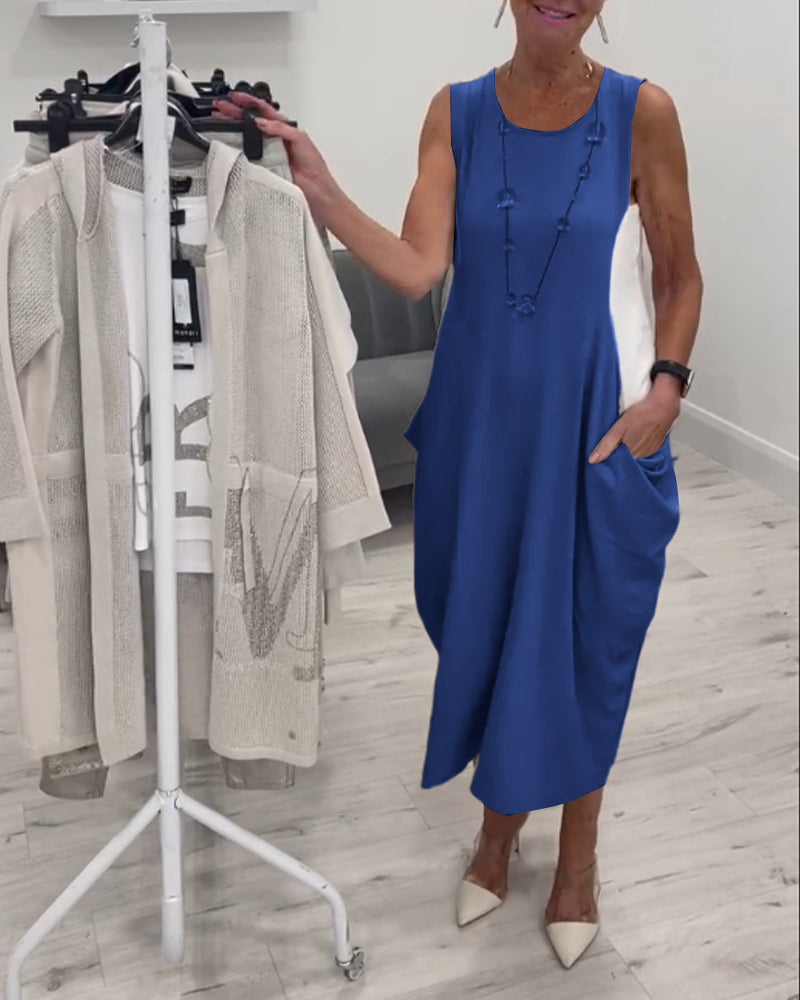 Fashionable sleeveless pocket patchwork dress