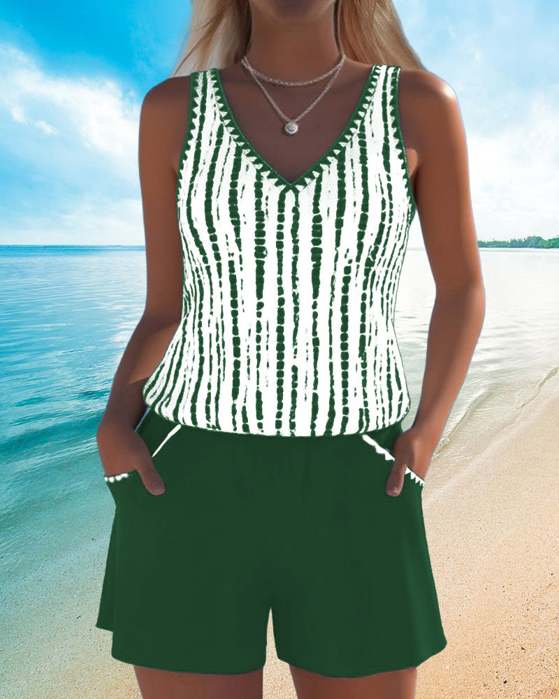 Casual Pocket V-Neck Printed Two-Piece Swimsuit