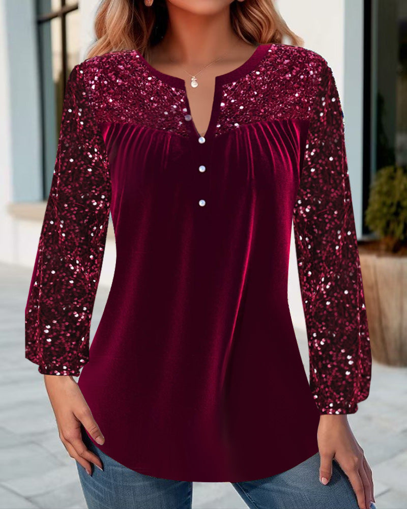 V-neck pleated sequined elegant top