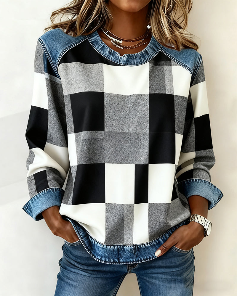 Plaid Patchwork Contrast Color Sweatshirt
