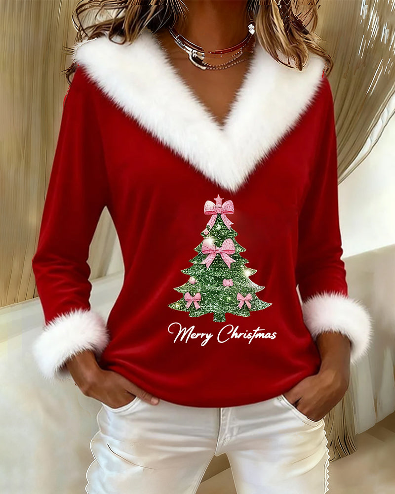 Large Fur Collar Christmas Print Top