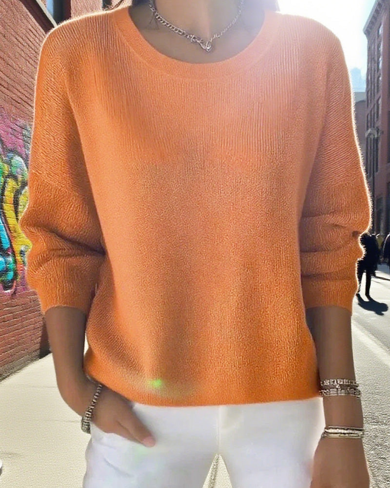 Solid Round Neck Drop Shoulder Sweater