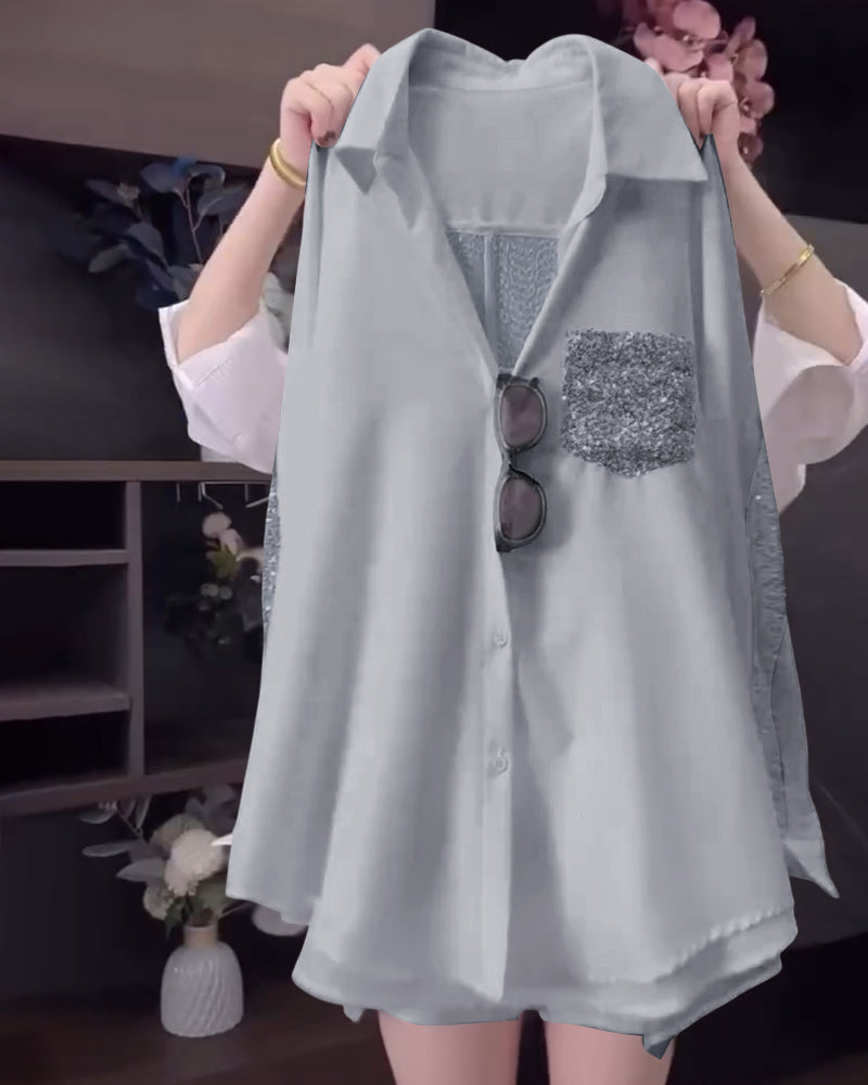 Lapel Sequin Long-Sleeved Shirt