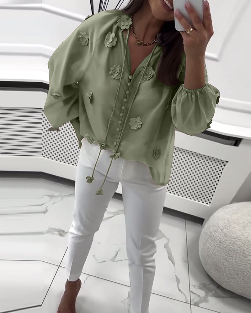 Solid Color 3D Floral Lace-Up Blouse