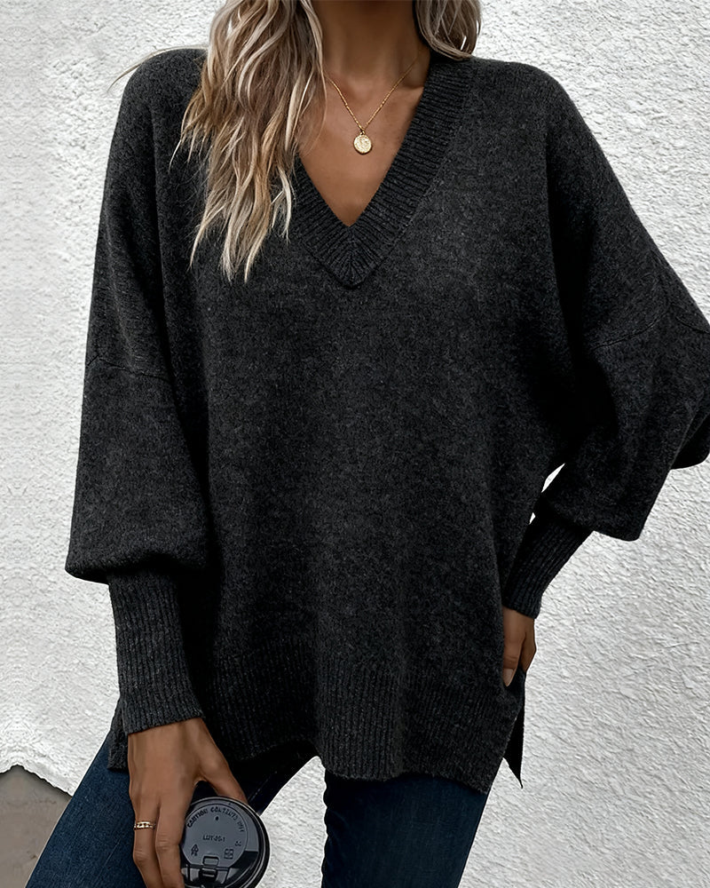 Lantern Sleeve V Neck Sweater