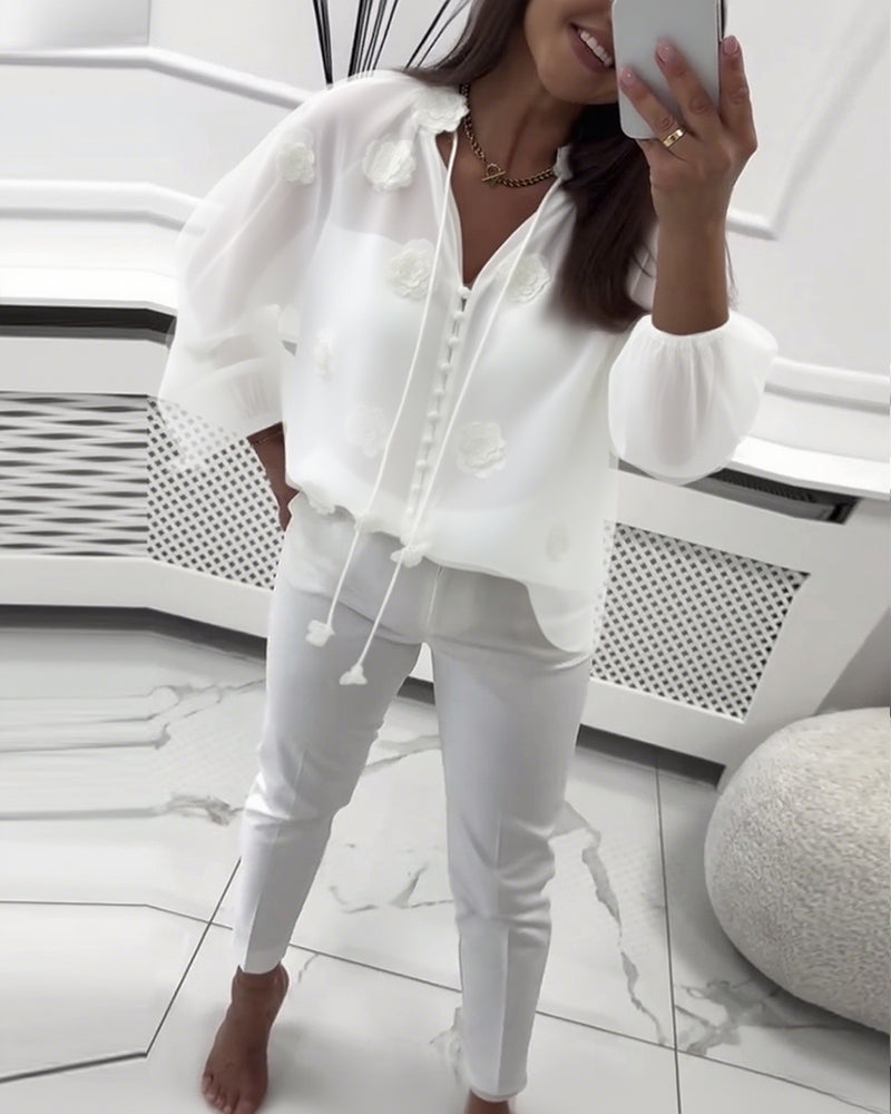Solid Color 3D Floral Lace-Up Blouse