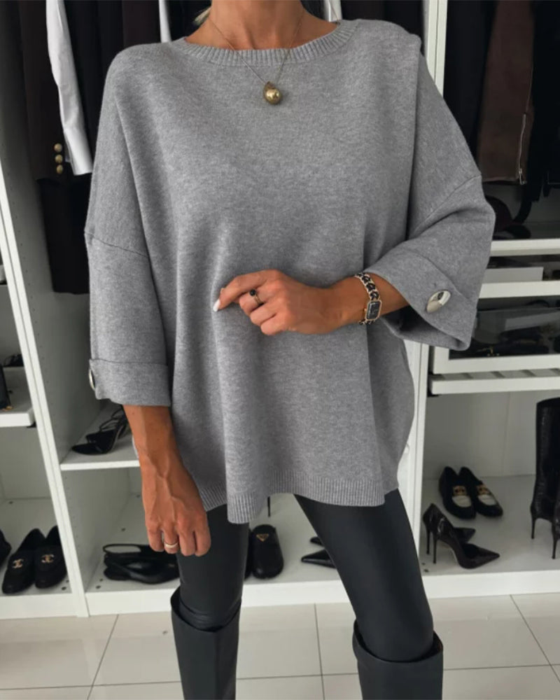 Fashion solid color round neck button pullover