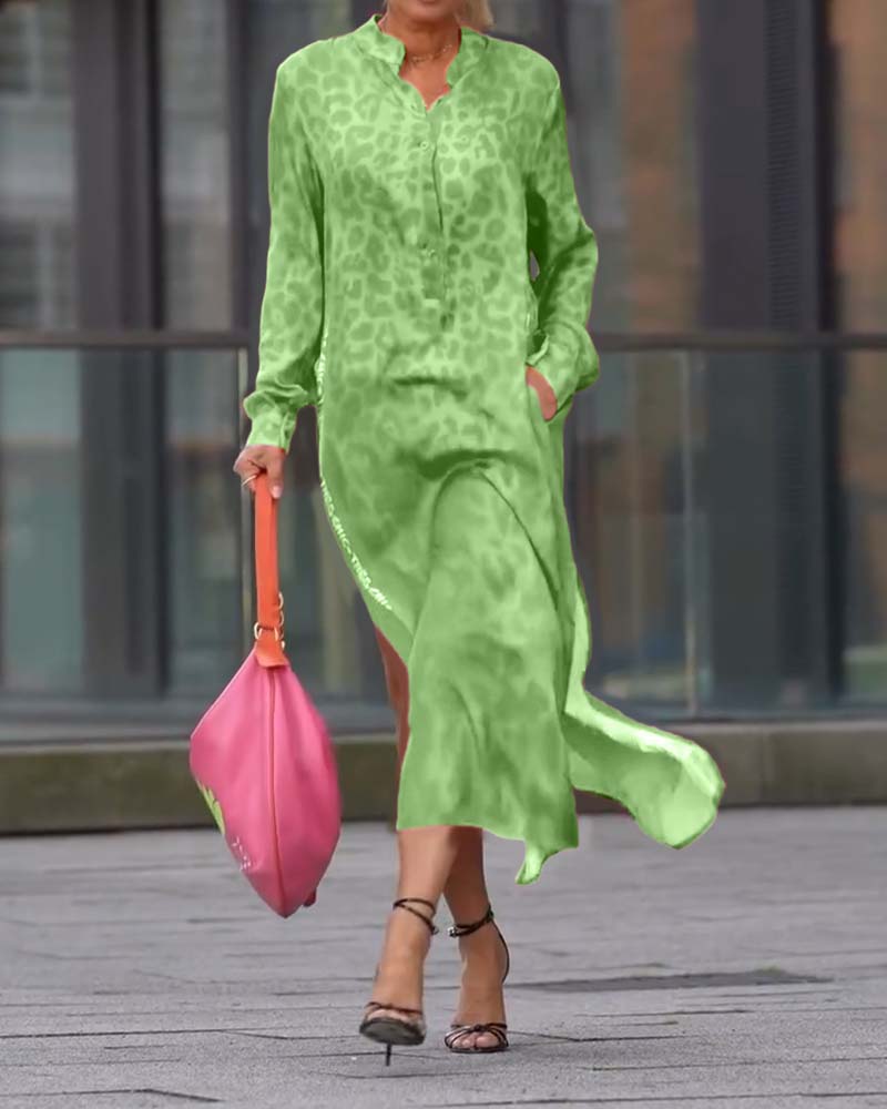 Long-Sleeved Leopard Print Slit Dress