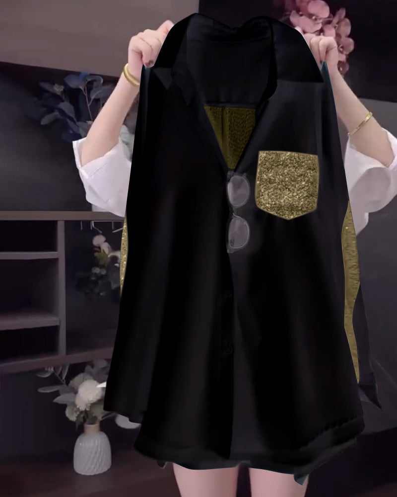 Lapel Sequin Long-Sleeved Shirt