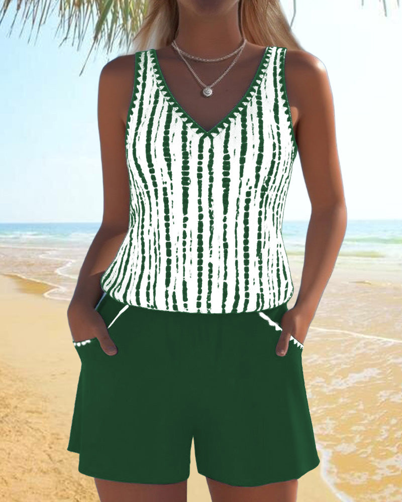 Casual Pocket V-Neck Printed Two-Piece Swimsuit