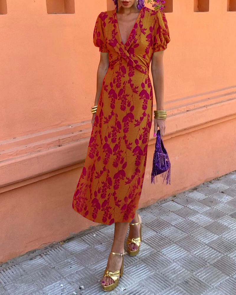 Puff Sleeve Leaf Print Deep V Short Sleeve Dress