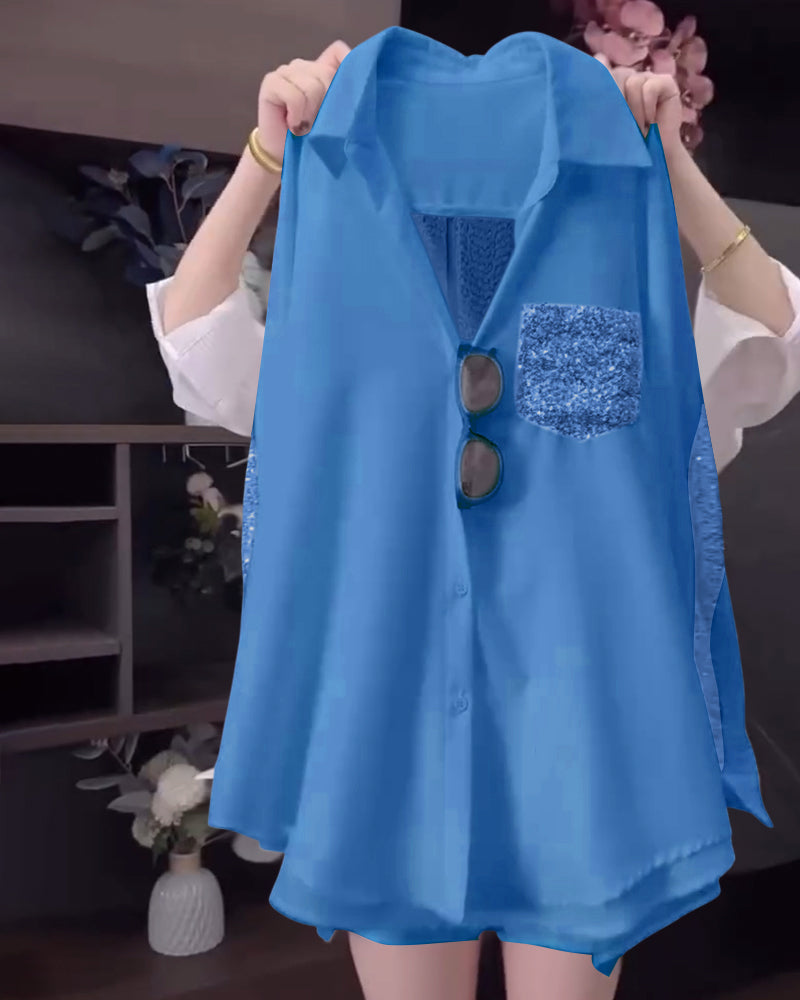 Lapel Sequin Long-Sleeved Shirt