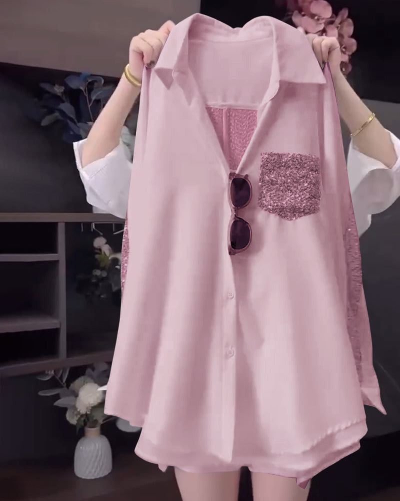 Lapel Sequin Long-Sleeved Shirt