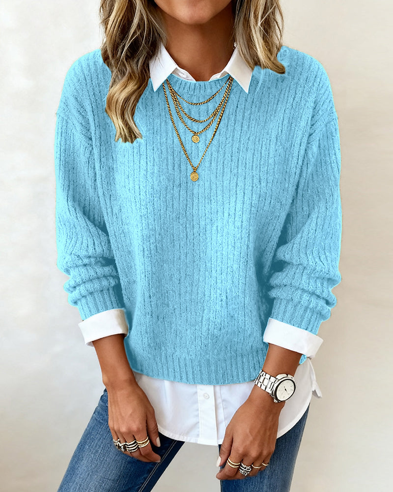 Shirt Collar Patchwork Sweater