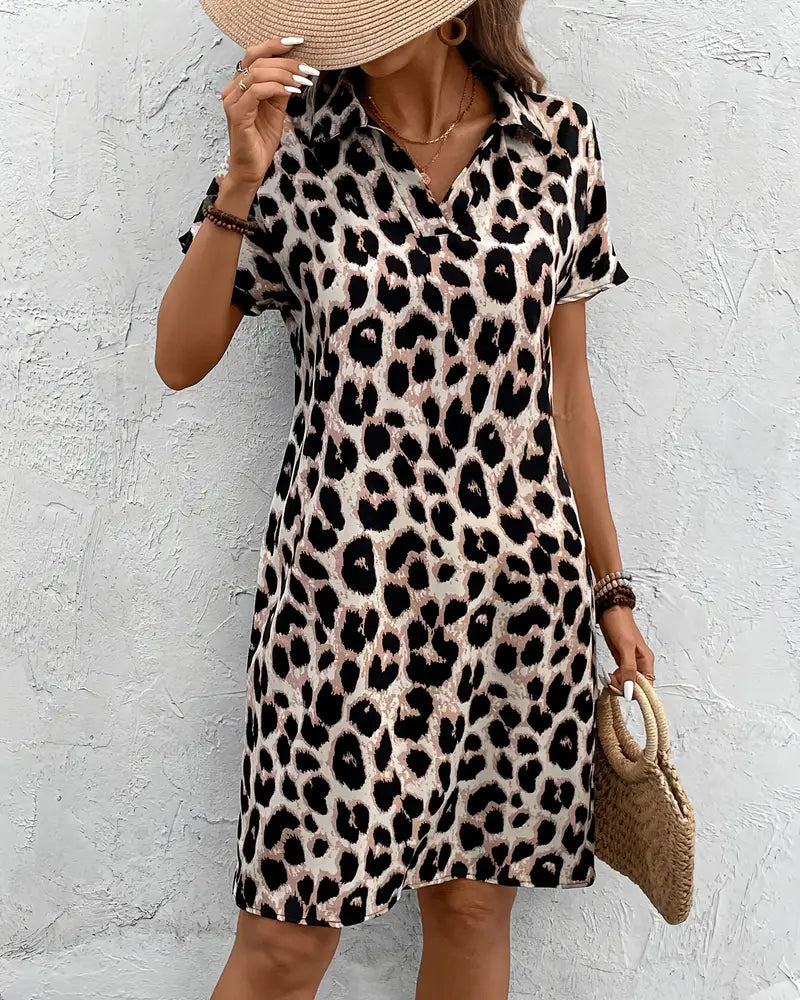 Lapel Slim Leopard Print Dress