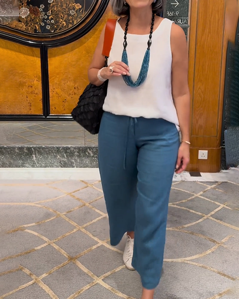 Solid Color Casual Drawstring Wide-leg Pants