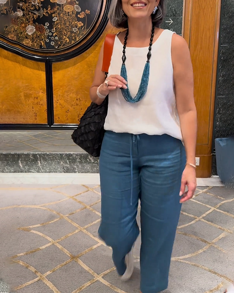 Solid Color Casual Drawstring Wide-leg Pants