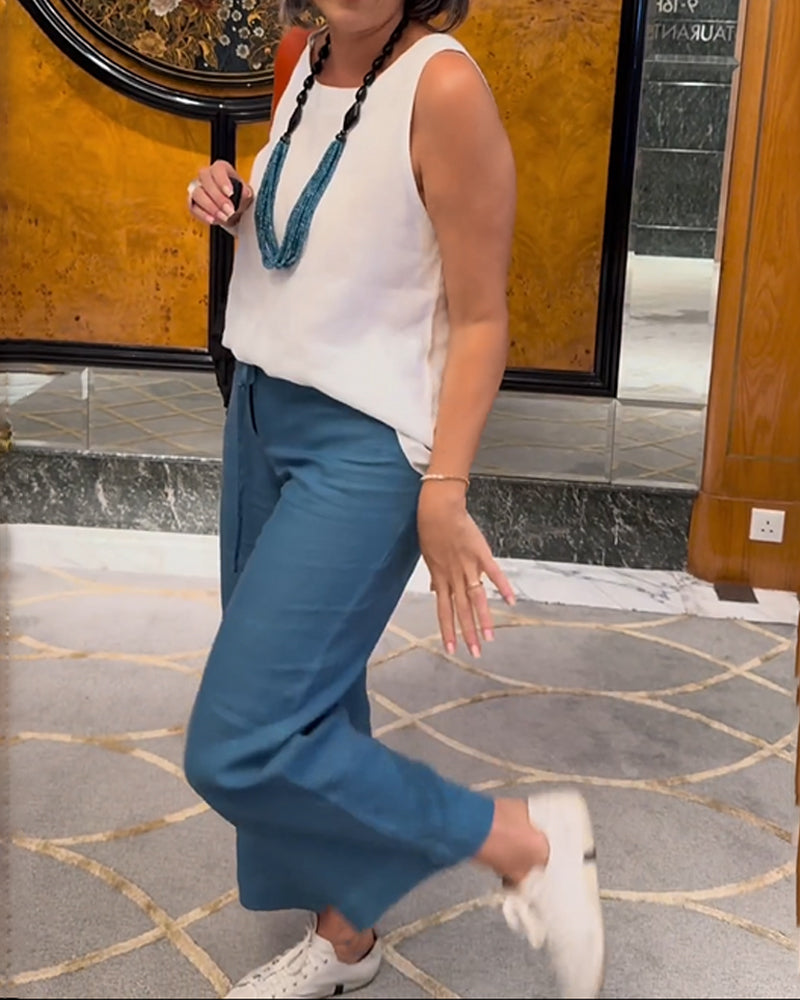 Solid Color Casual Drawstring Wide-leg Pants